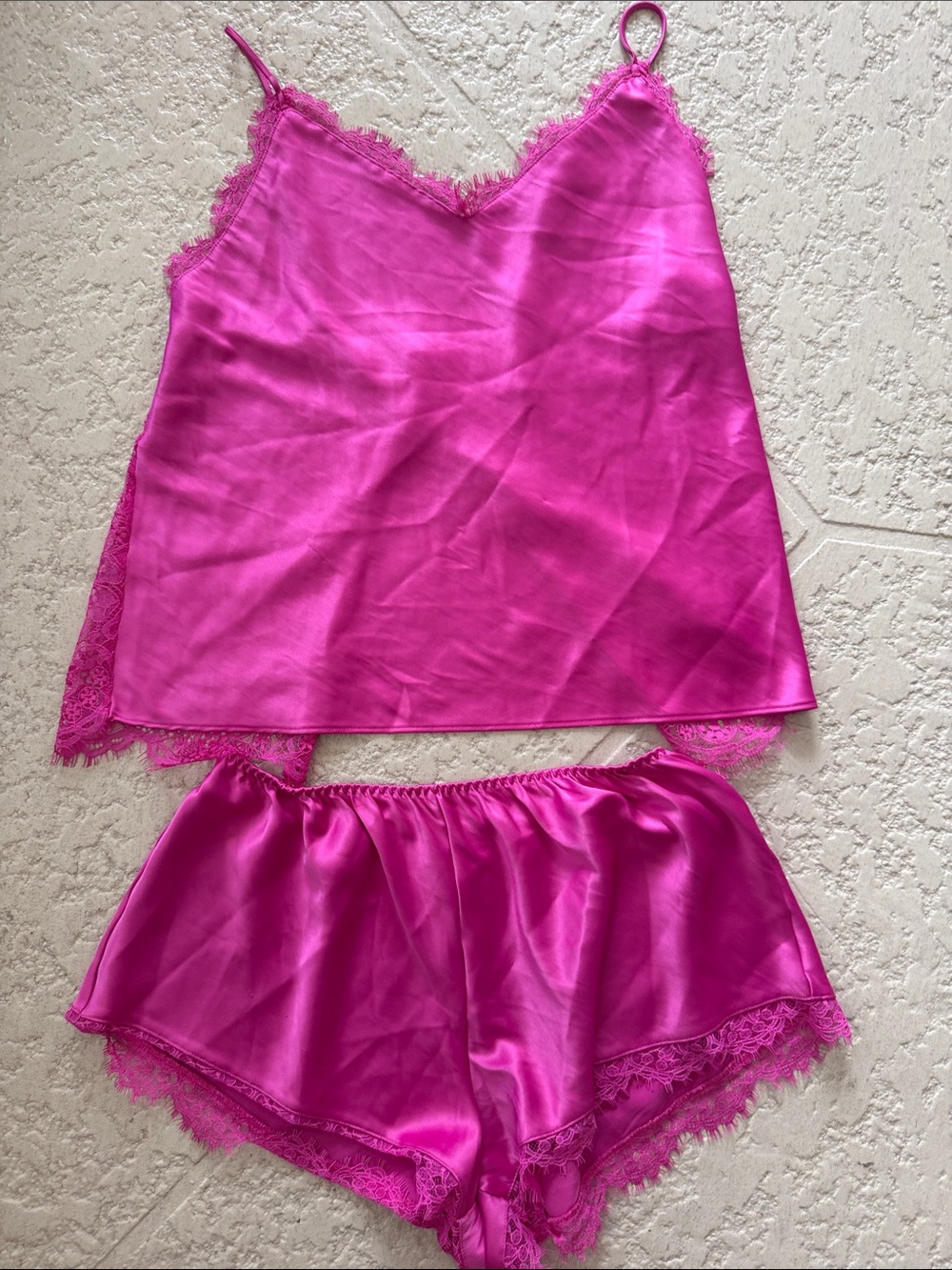 Victoria's Secret Hot Pink Satin Lace-Trim Cami & Shorts Set